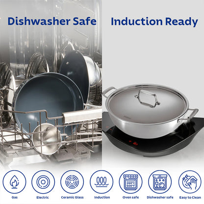 Tramontina Fusao Deep Kadai with SS Lid (20, 24, 26, 28, 32, 36, 40cm) Tri-Ply Clad Stainless Steel Ceramic Coated