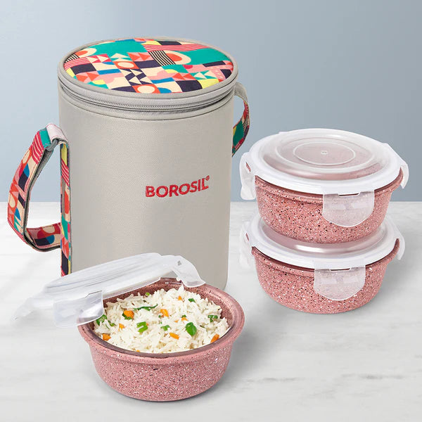 Borosil Glass Lunch Set Vertical with 3 Containers with Bag