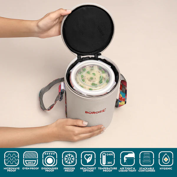 Borosil Glass Lunch Set Vertical with 3 Containers with Bag