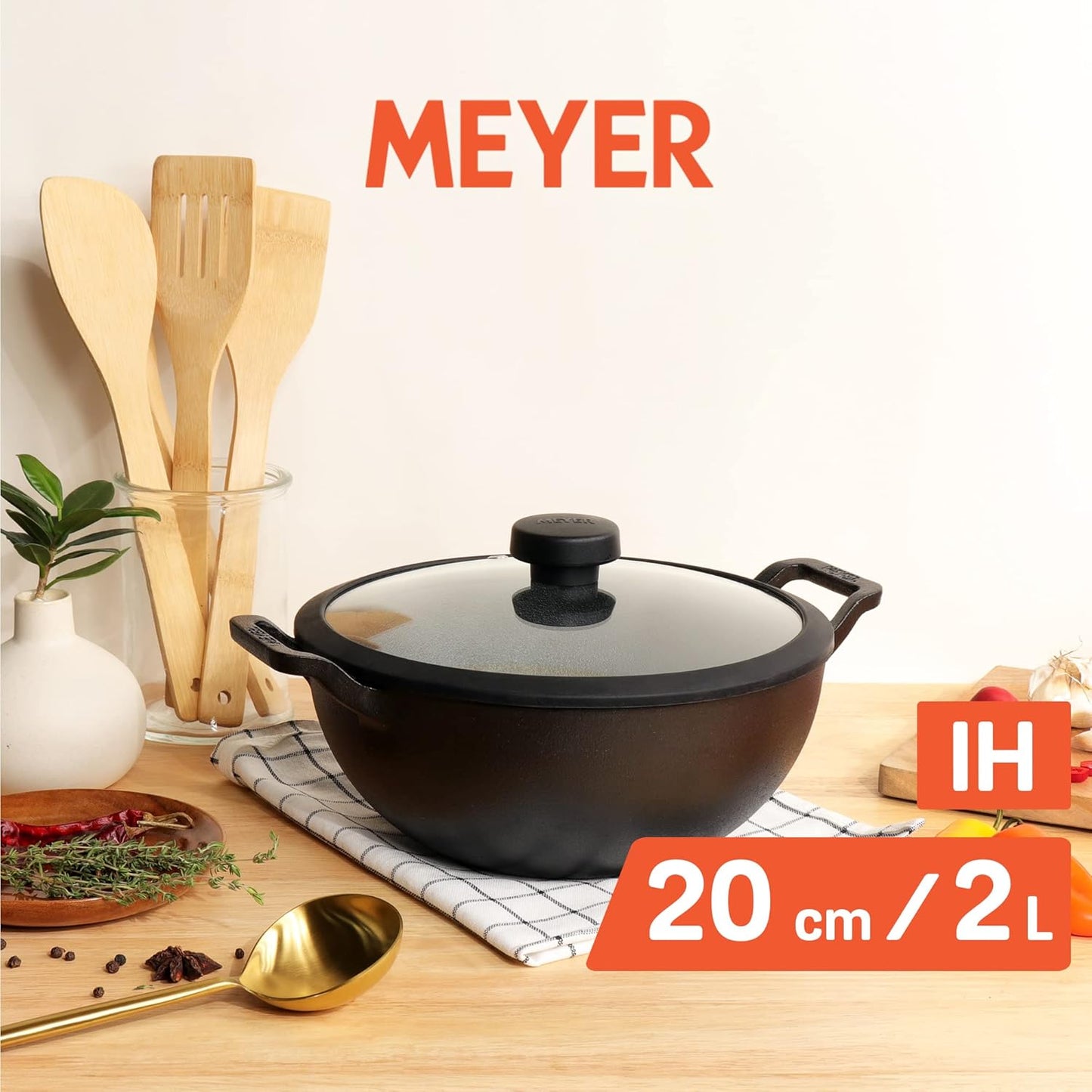 Meyer Cast Iron Deep Kadai with Lid 20cm