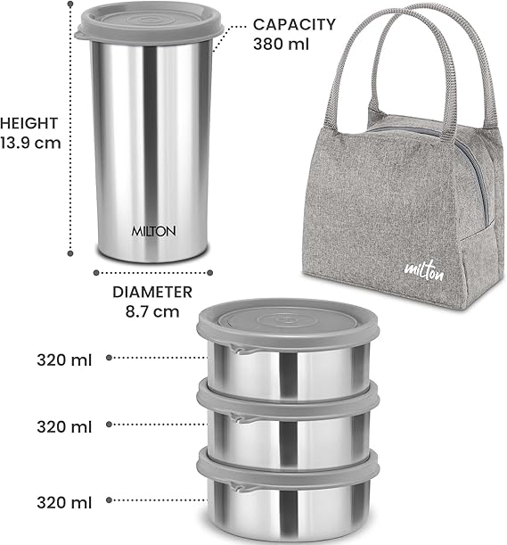 Milton Bling Bag Lunch Set with 3 * 320 ml Containers, 1 * 380 ml Tumbler, Liquid-tight Seals and Insulated Bag