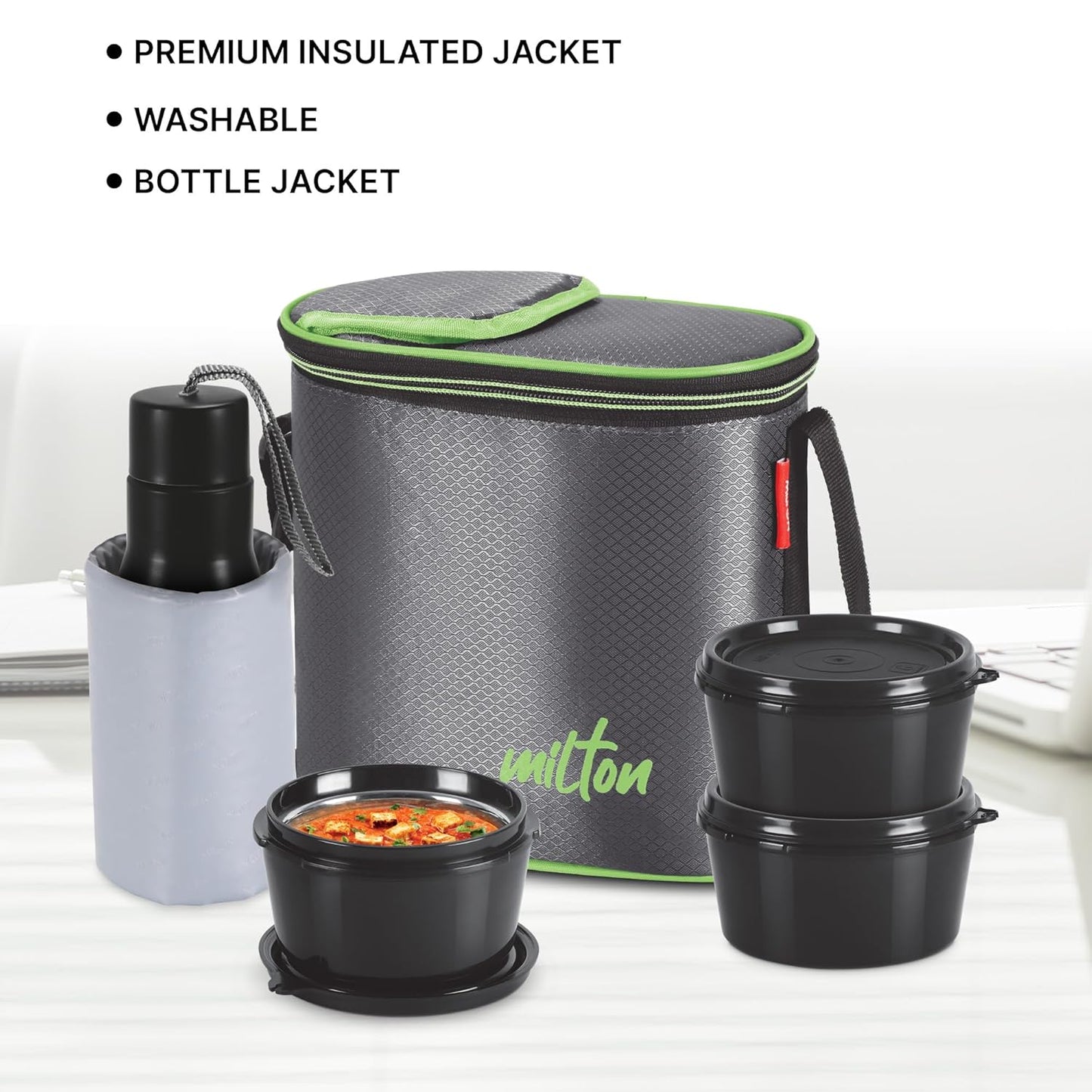 Milton Arista Microwavable Lunch Set with Unisteel Bottle (Inside Stainless Steel Outside Plastic)