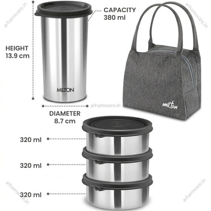 Milton Bling Bag Lunch Set with 3 * 320 ml Containers, 1 * 380 ml Tumbler, Liquid-tight Seals and Insulated Bag