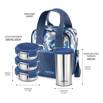 Milton Camo Feast Stainless Steel Lunch Set with 3*300ml Containers, 1*400ml Tumbler and 1 Bag