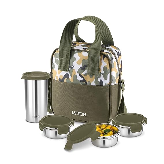 Milton Camo Feast Stainless Steel Lunch Set with 3*300ml Containers, 1*400ml Tumbler and 1 Bag