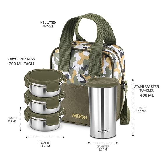 Milton Camo Feast Stainless Steel Lunch Set with 3*300ml Containers, 1*400ml Tumbler and 1 Bag