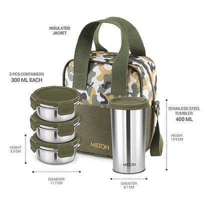 Milton Camo Feast Stainless Steel Lunch Set with 3*300ml Containers, 1*400ml Tumbler and 1 Bag