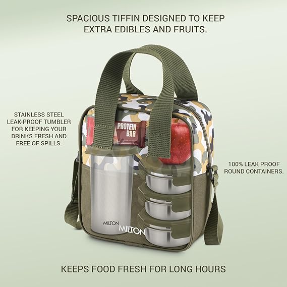 Milton Camo Feast Stainless Steel Lunch Set with 3*300ml Containers, 1*400ml Tumbler and 1 Bag