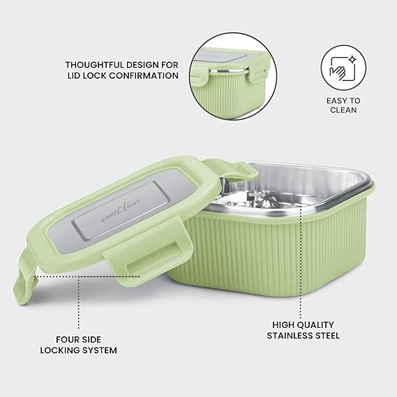Milton Cool Touch Square Lunch Container -  Plastic Outside Steel Inside Microwavable without Lid - Random Colors
