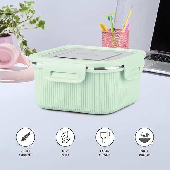 Milton Cool Touch Square Lunch Container -  Plastic Outside Steel Inside Microwavable without Lid - Random Colors