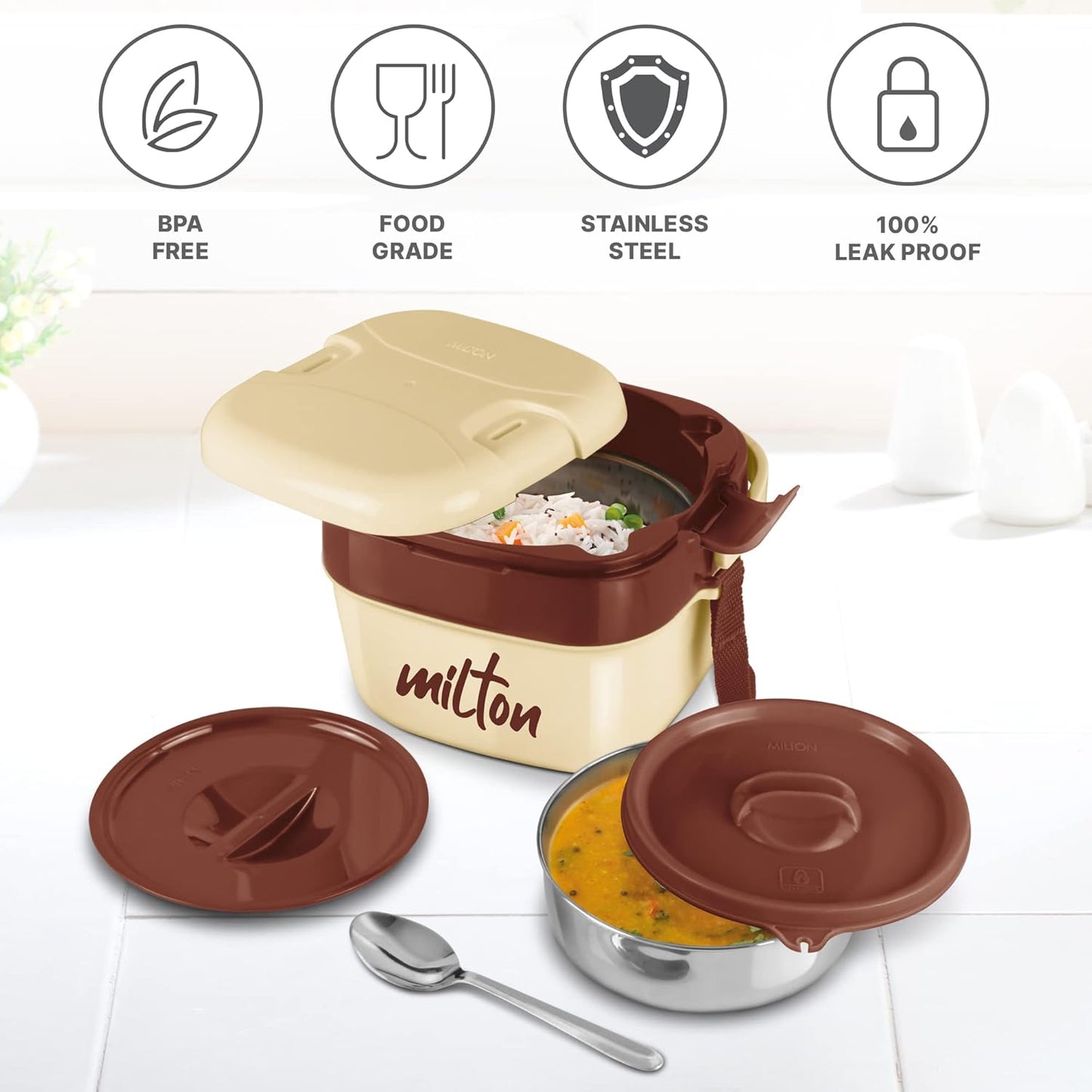 Milton Cubic Small Tiffin Box Outside Plastic Inside Stainless Steel with Inner Container