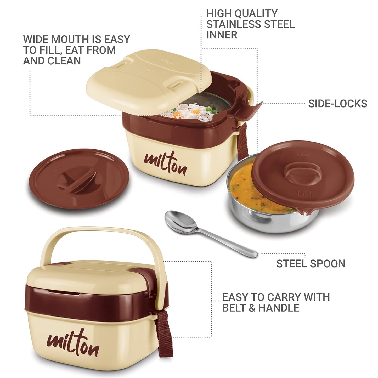 Milton Cubic Small Tiffin Box Outside Plastic Inside Stainless Steel with Inner Container