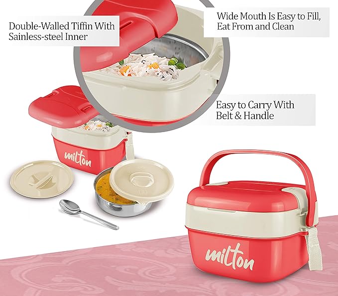 Milton Cubic Small Tiffin Box Outside Plastic Inside Stainless Steel with Inner Container