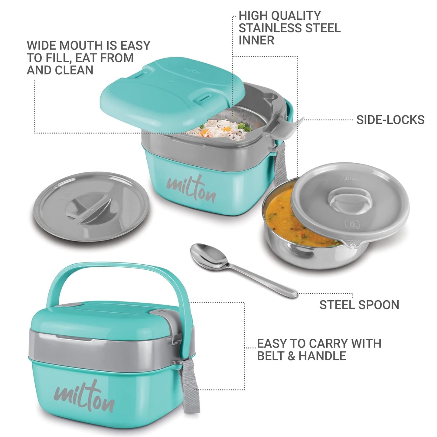 Milton Cubic Small Tiffin Box Outside Plastic Inside Stainless Steel with Inner Container