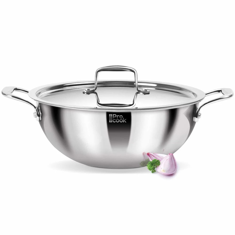 Miton Procook Tri-Ply Steel Deep Kadhai with Stainless Steel Lid