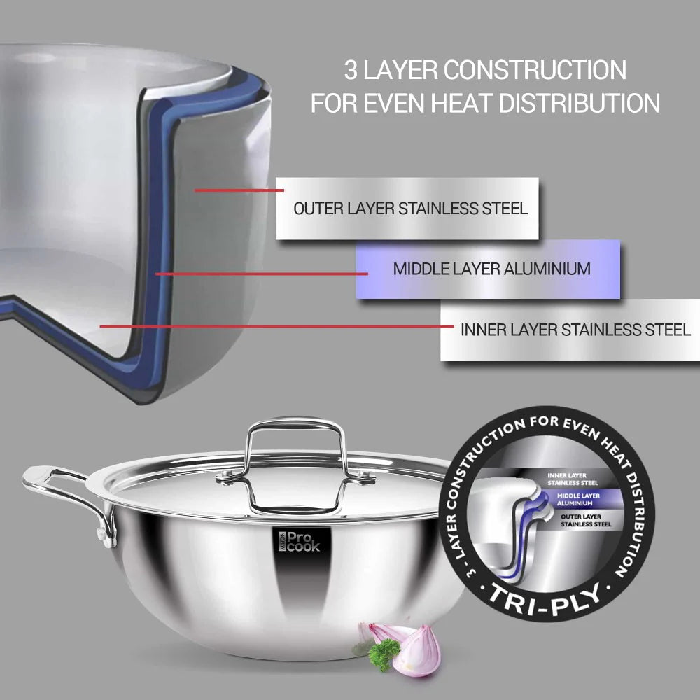 Miton Procook Tri-Ply Steel Deep Kadhai with Stainless Steel Lid