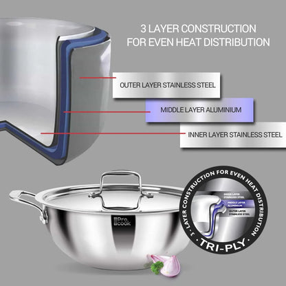 Miton Procook Tri-Ply Steel Deep Kadhai with Stainless Steel Lid