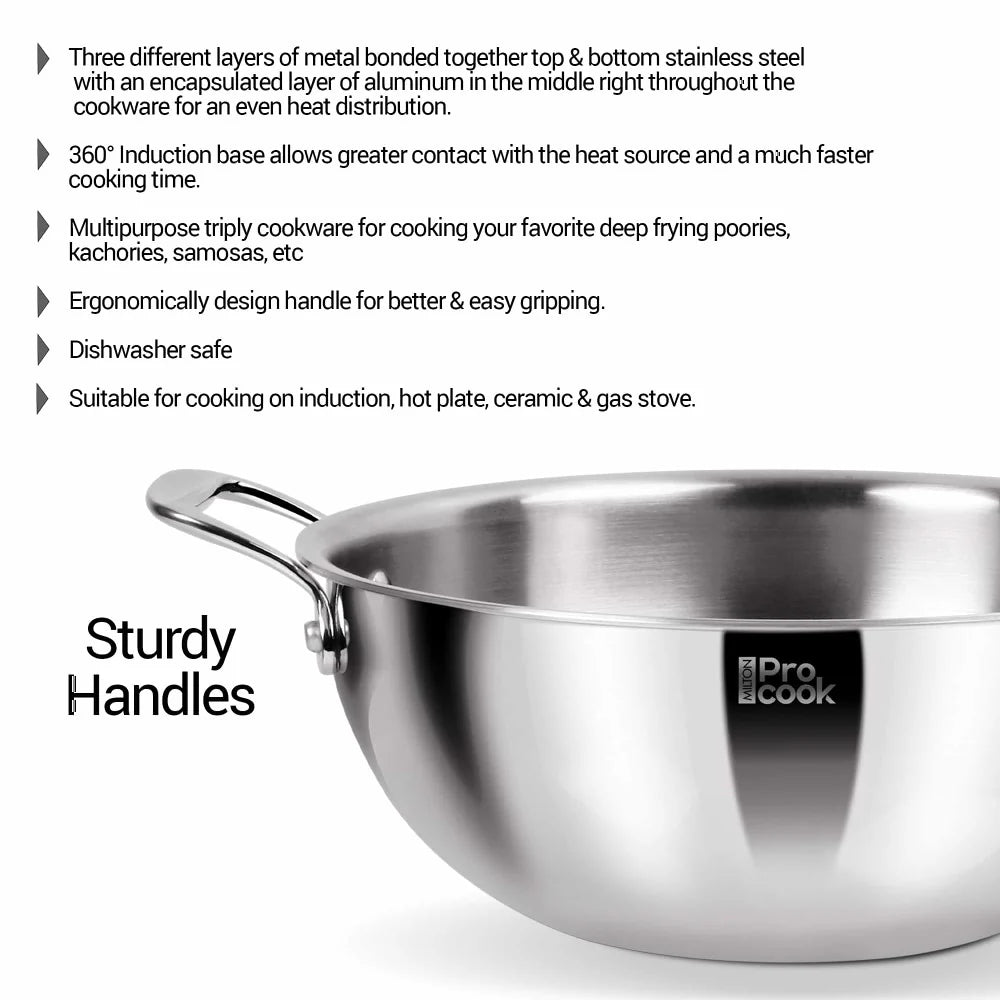 Miton Procook Tri-Ply Steel Deep Kadhai with Stainless Steel Lid
