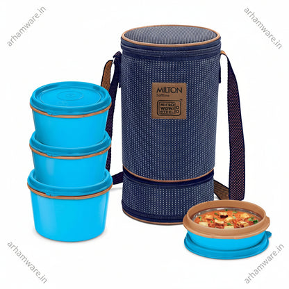 Milton Flexi Tiffin 3+1 Set Of 4 Outside Plastic Inside Stainless Steel Microwavable Container with Bag