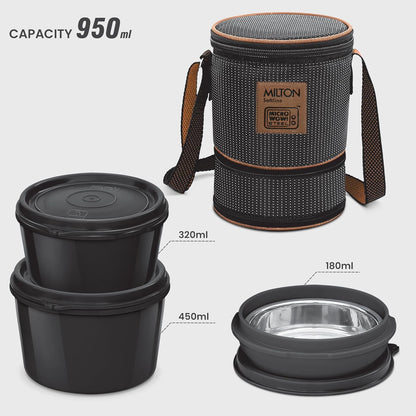 Milton Flexi Tiffin 2+1 Set Of 3 Outside Plastic Inside Stainless Steel Microwavable Container with Bag