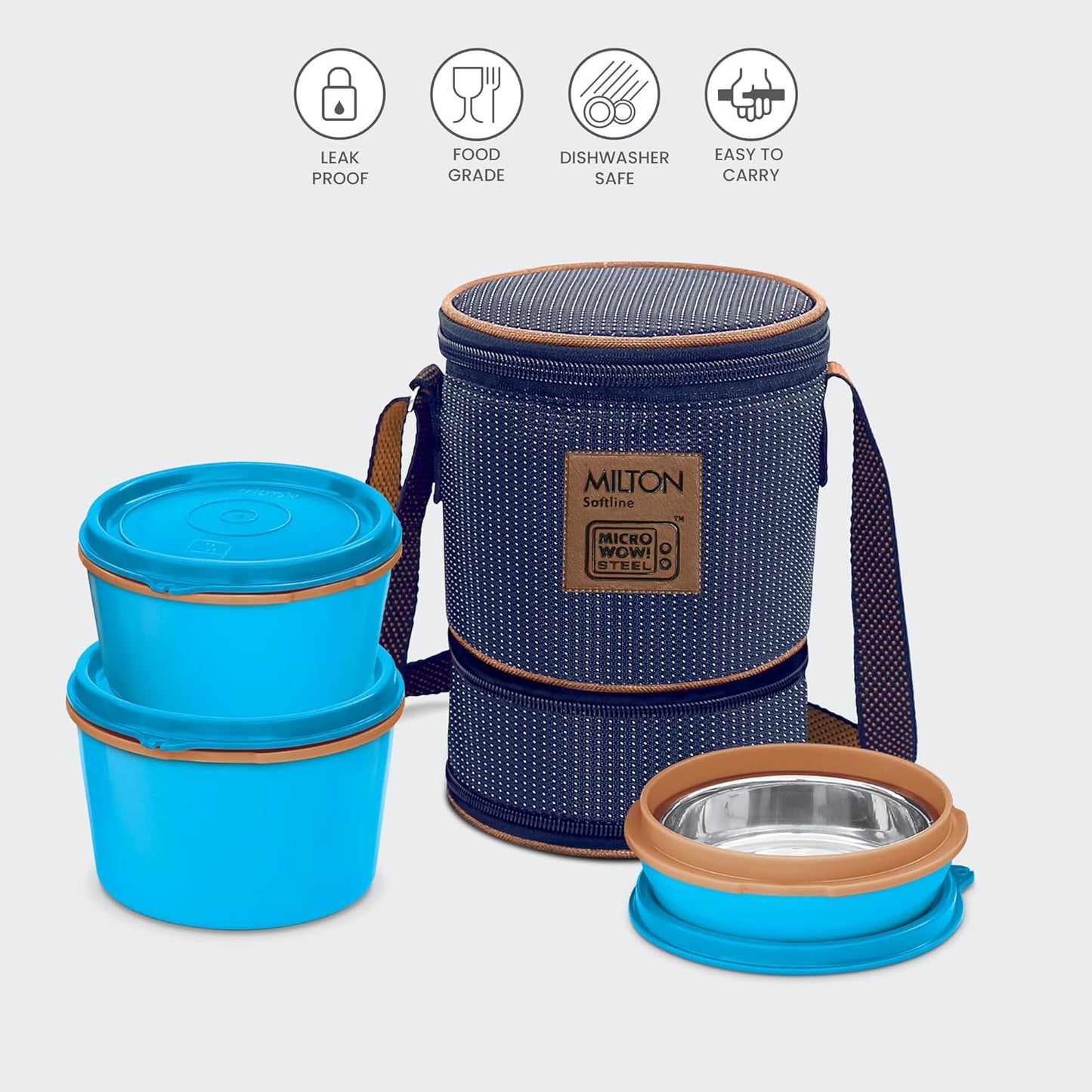 Milton Flexi Tiffin 2+1 Set Of 3 Outside Plastic Inside Stainless Steel Microwavable Container with Bag