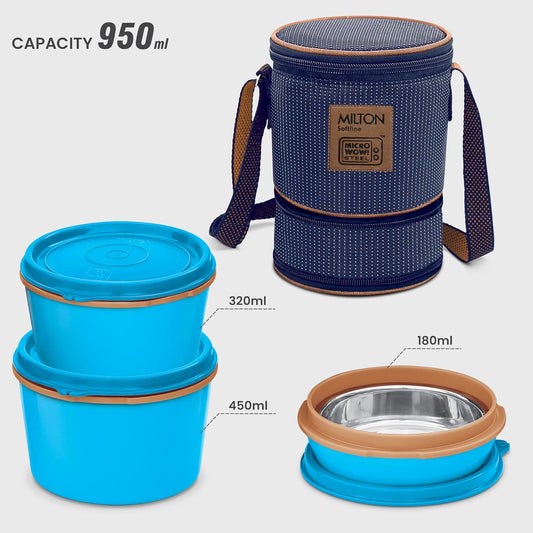 Milton Flexi Tiffin 2+1 Set Of 3 Outside Plastic Inside Stainless Steel Microwavable Container with Bag