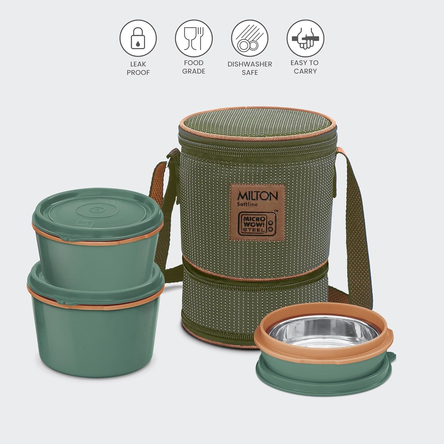 Milton Flexi Tiffin 2+1 Set Of 3 Outside Plastic Inside Stainless Steel Microwavable Container with Bag