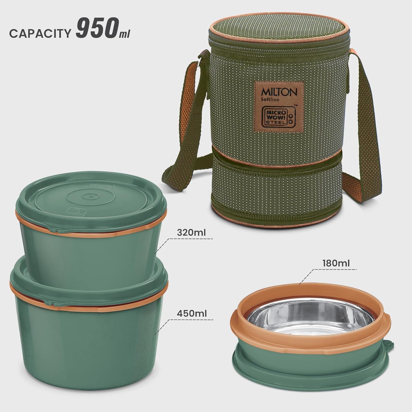 Milton Flexi Tiffin 2+1 Set Of 3 Outside Plastic Inside Stainless Steel Microwavable Container with Bag