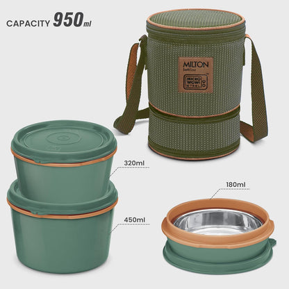 Milton Flexi Tiffin 2+1 Set Of 3 Outside Plastic Inside Stainless Steel Microwavable Container with Bag