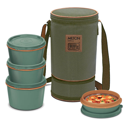 Milton Flexi Tiffin 3+1 Set Of 4 Outside Plastic Inside Stainless Steel Microwavable Container with Bag