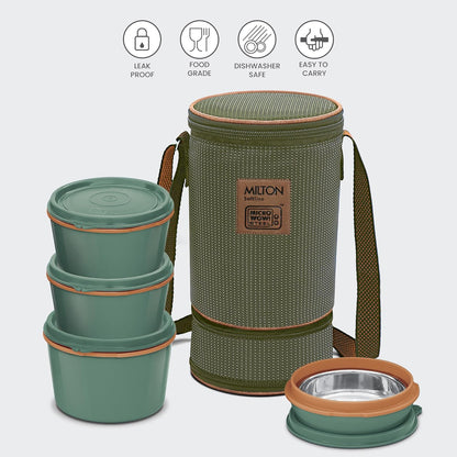 Milton Flexi Tiffin 3+1 Set Of 4 Outside Plastic Inside Stainless Steel Microwavable Container with Bag