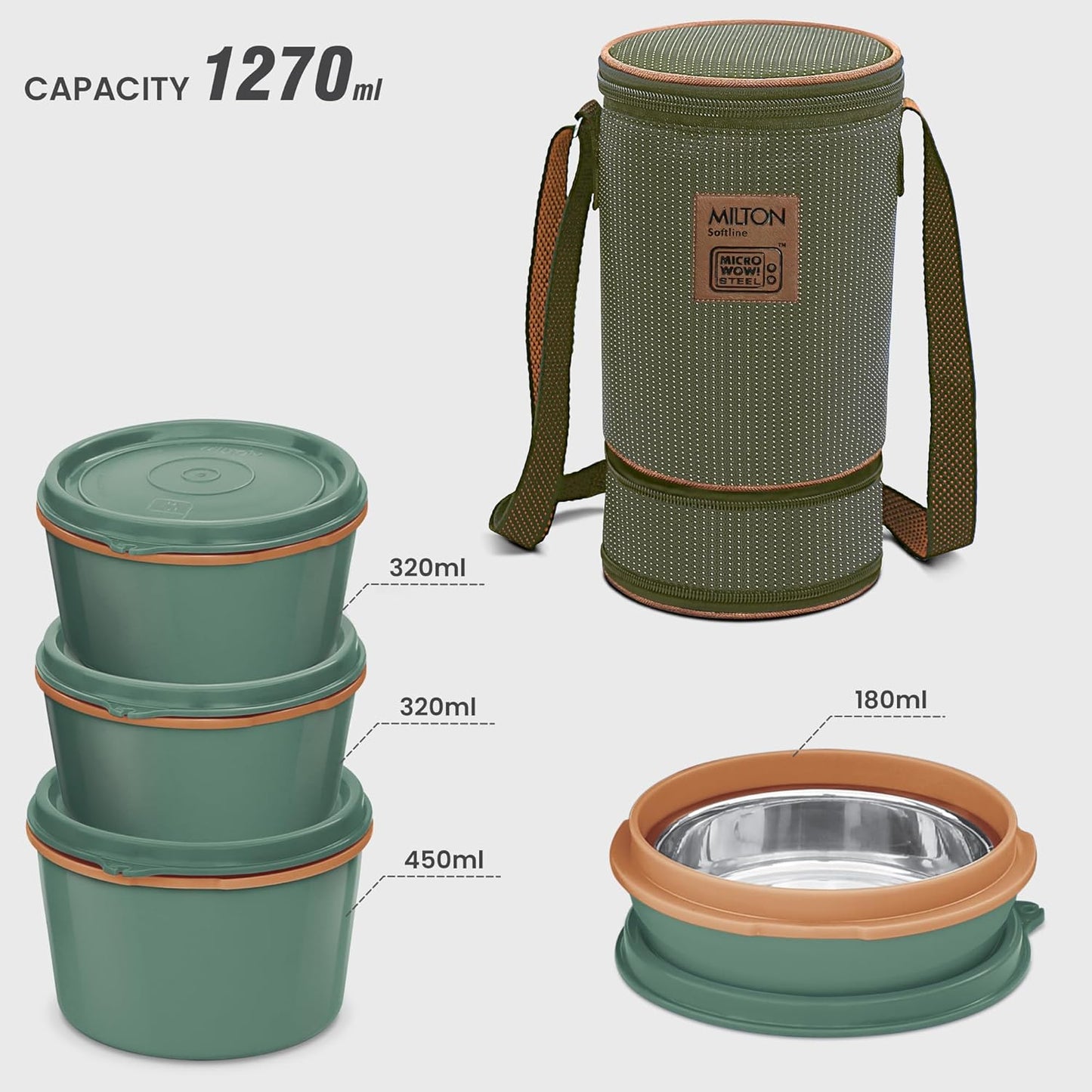 Milton Flexi Tiffin 3+1 Set Of 4 Outside Plastic Inside Stainless Steel Microwavable Container with Bag