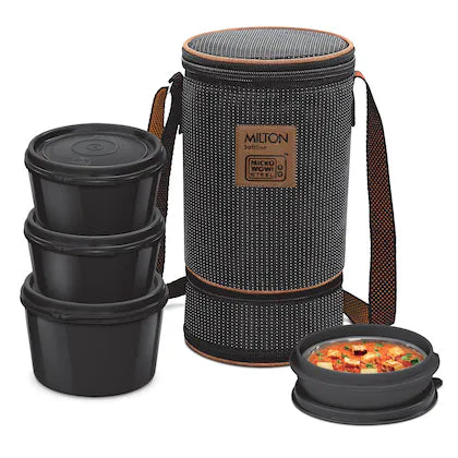 Milton Flexi Tiffin 3+1 Set Of 4 Outside Plastic Inside Stainless Steel Microwavable Container with Bag