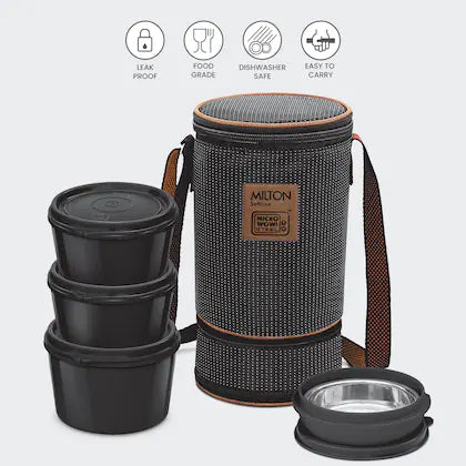 Milton Flexi Tiffin 3+1 Set Of 4 Outside Plastic Inside Stainless Steel Microwavable Container with Bag