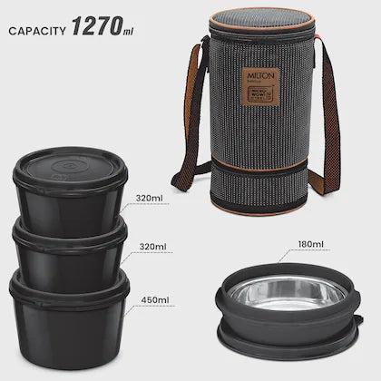 Milton Flexi Tiffin 3+1 Set Of 4 Outside Plastic Inside Stainless Steel Microwavable Container with Bag