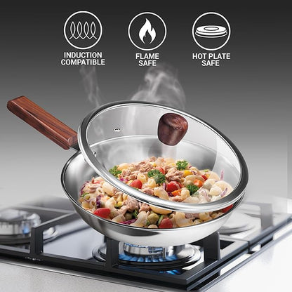 Milton Procook Tri-ply Fry Pan with Glass Lid and Wooden Handle