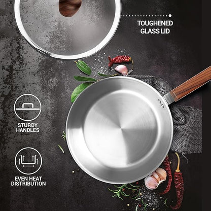 Milton Procook Tri-ply Fry Pan with Glass Lid and Wooden Handle