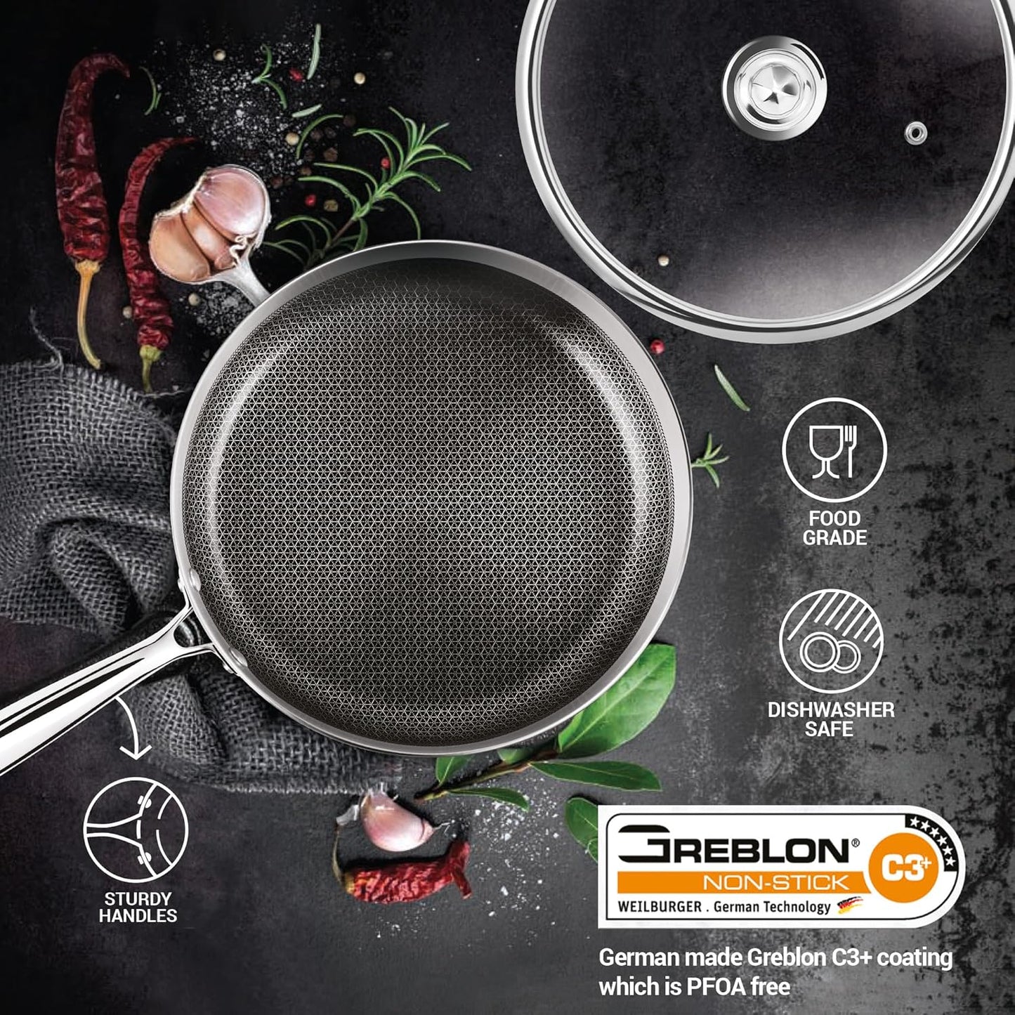Milton Procook Tri-ply Hexa Tech Fry Pan with Glass Lid (Honey Comb Non Stick Structure)
