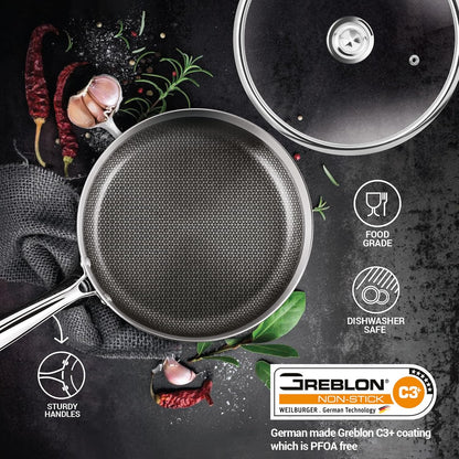 Milton Procook Tri-ply Hexa Tech Fry Pan with Glass Lid (Honey Comb Non Stick Structure)