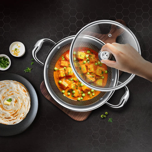 Milton Procook Tri-ply Hexa Tech Kadhai with Glass Lid (Honey Comb Non Stick Structure)