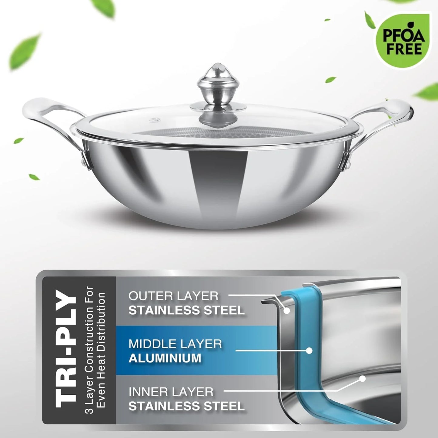 Milton Procook Tri-ply Hexa Tech Kadhai with Glass Lid (Honey Comb Non Stick Structure)