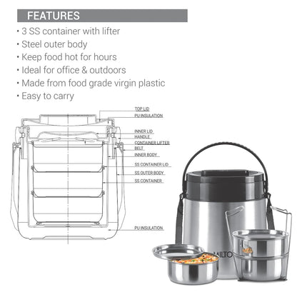 Milton Classic Stainless Steel PU Insulated Lunch Carrier Set of 3