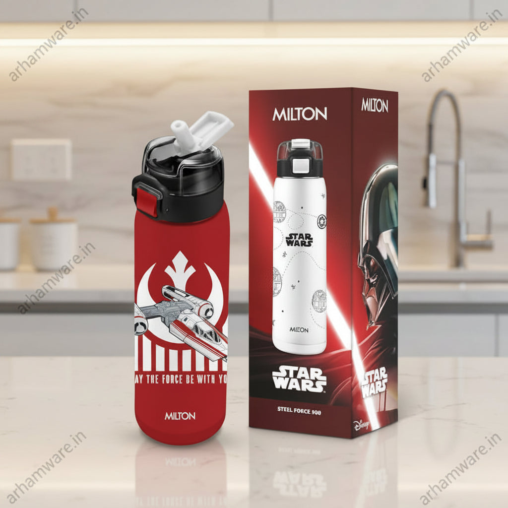 Milton Steel Force 900 Stainless Steel Bottle - Outside Plastic Inside Stainless Steel (Twin Flow: Gulper Plus Straw Sipper)
