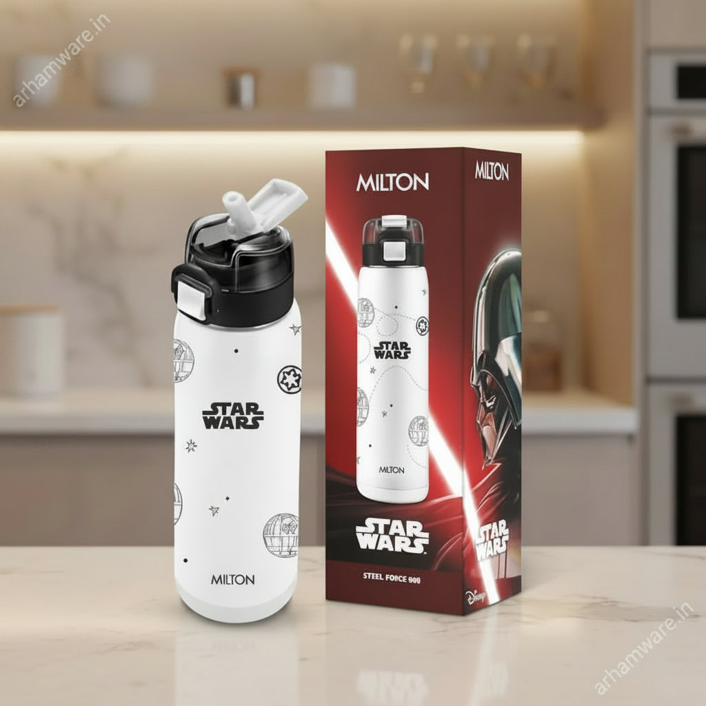 Milton Steel Force 900 Stainless Steel Bottle - Outside Plastic Inside Stainless Steel (Twin Flow: Gulper Plus Straw Sipper)