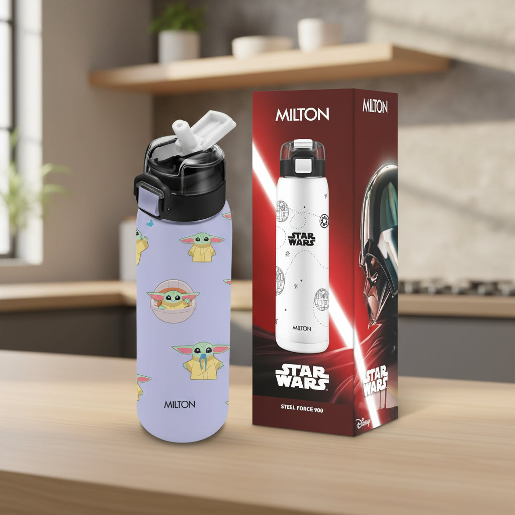 Milton Steel Force 900 Stainless Steel Bottle - Outside Plastic Inside Stainless Steel (Twin Flow: Gulper Plus Straw Sipper)