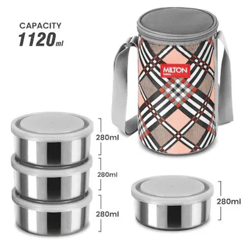 Milton Steel Treat 4 Lunch Set with 4 Stainless Steel Containers and Bag