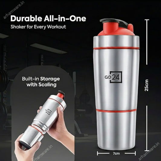 Go24 Kinetic Shaker 900 Stainless Steel Protein Shaker with Extra Compartment