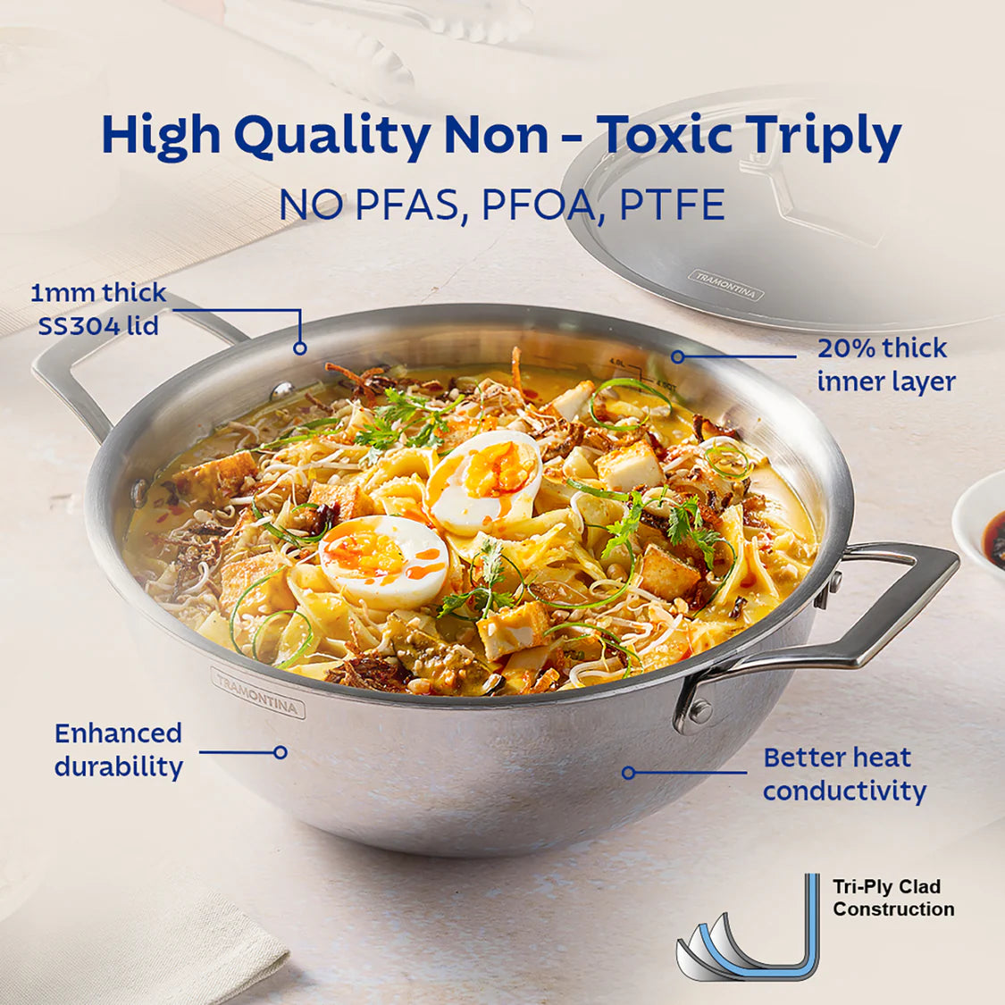 Tramontina Aeion Deep Kadai with SS Lid (20, 24, 26, 28, 32, 36, 40cm) Tri-Ply Clad Stainless Steel