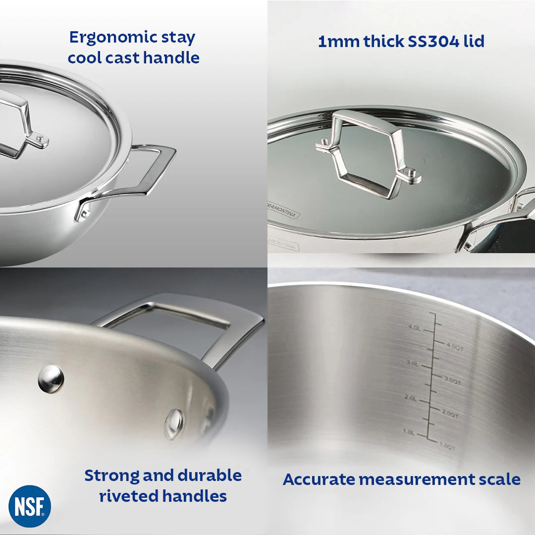 Tramontina Aeion Deep Kadai with SS Lid (20, 24, 26, 28, 32, 36, 40cm) Tri-Ply Clad Stainless Steel
