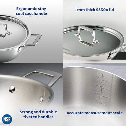 Tramontina Aeion Deep Kadai with SS Lid (20, 24, 26, 28, 32, 36, 40cm) Tri-Ply Clad Stainless Steel